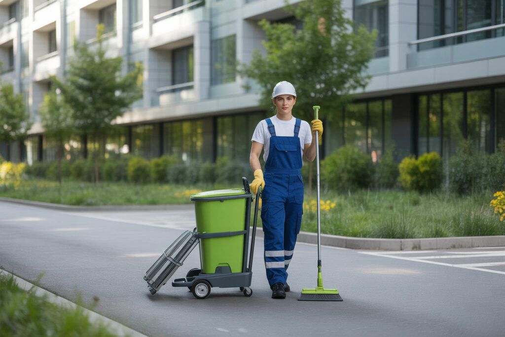 Agents de nettoyage en train d’entretenir les parties communes d’une copropriété au Luxembourg, assurant propreté, hygiène et confort pour les habitants et valorisation de l’immeuble