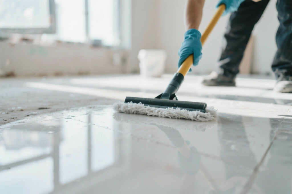 Agents de nettoyage professionnels en train de nettoyer des bureaux après des travaux ou rénovations au Luxembourg, assurant un espace propre, sécurisé et prêt à l’usage pour les collaborateurs et visiteurs